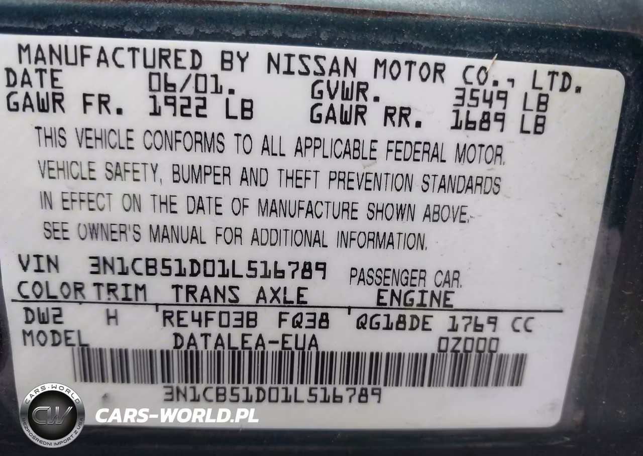 2001 Nissan Sentra Gxe VIN:3N1CB51D01L516789 - 9