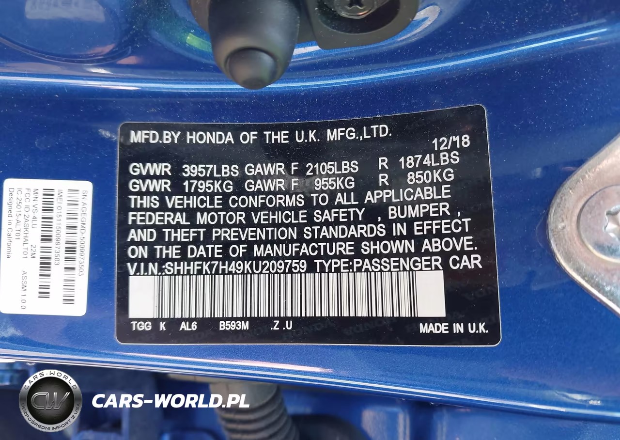 2019 Honda Civic Sport VIN:SHHFK7H49KU209759 - 9