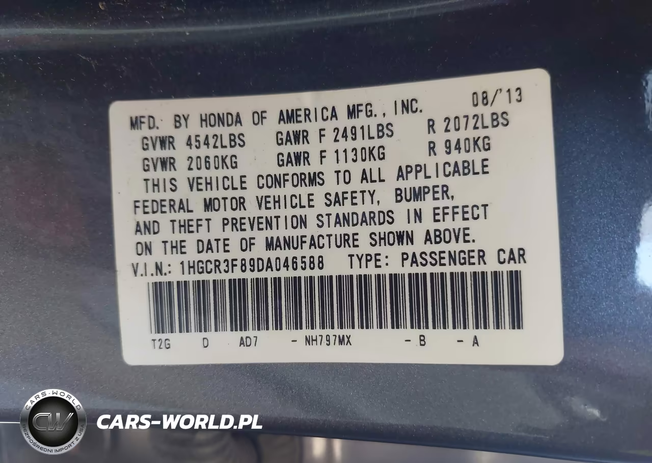 2013 Honda Accord Ex-L V-6 VIN:1HGCR3F89DA046588 - 9
