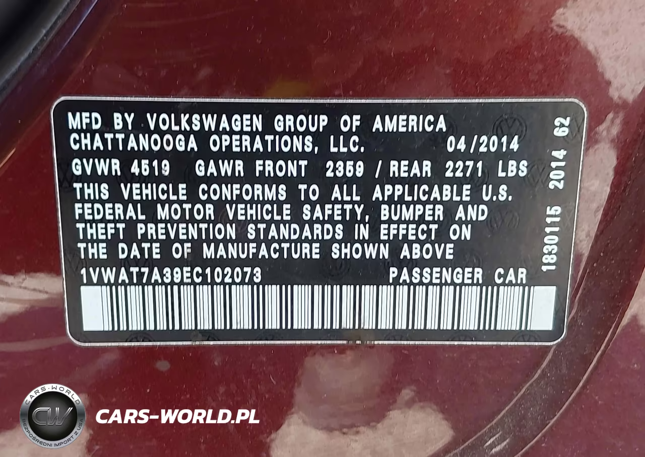 2014 Volkswagen Passat 1.8T Wolfsburg Edition VIN:1VWAT7A39EC102073 - 9