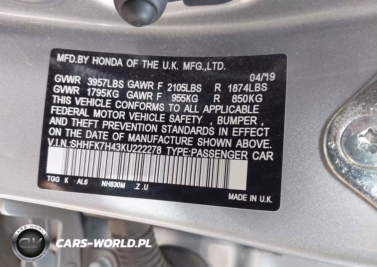 2019 Honda Civic Sport VIN:SHHFK7H43KU222278 - 9