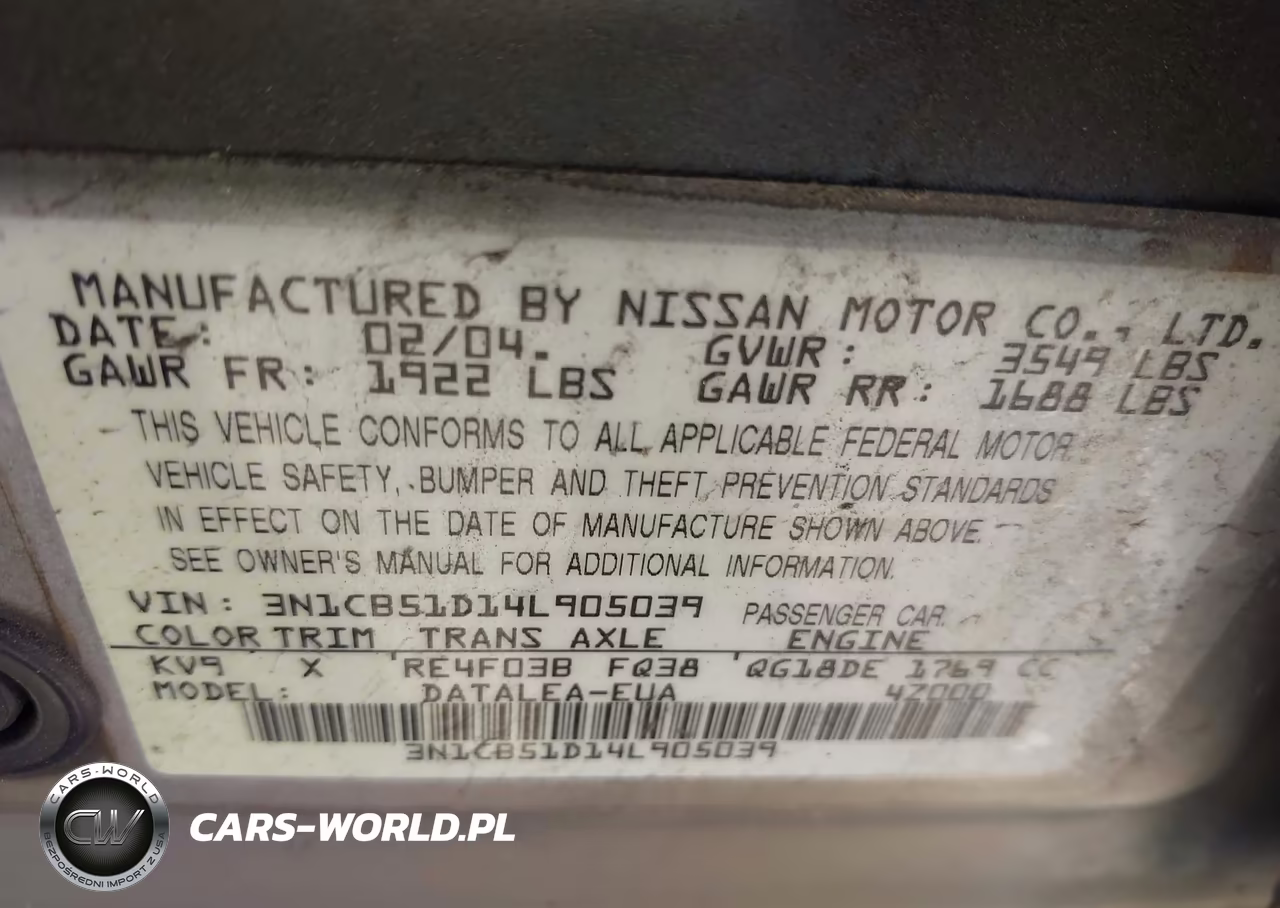 2004 Nissan Sentra 1.8S VIN:3N1CB51D14L905039 - 9