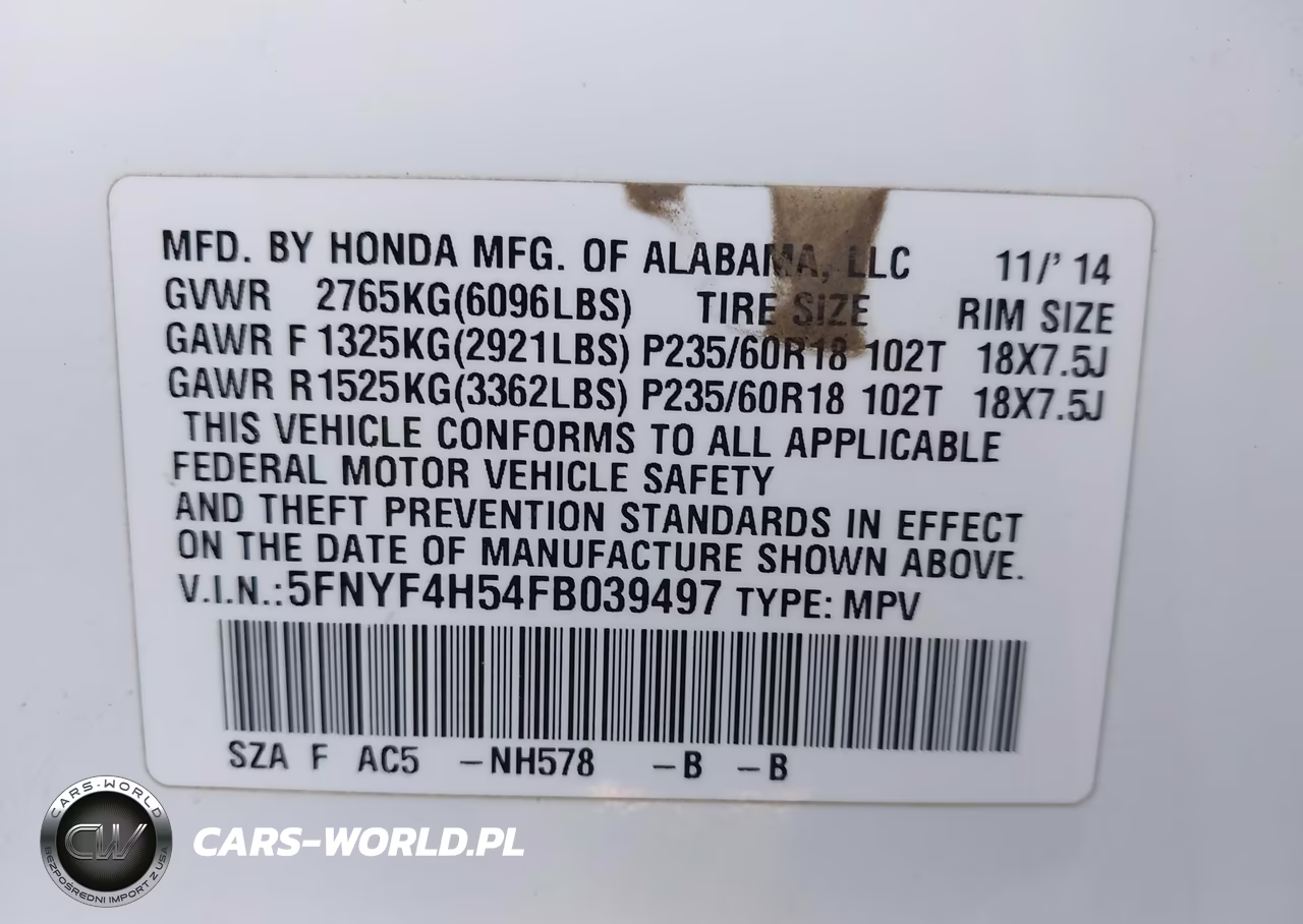 2015 Honda Pilot Ex-L VIN:5FNYF4H54FB039497 - 9