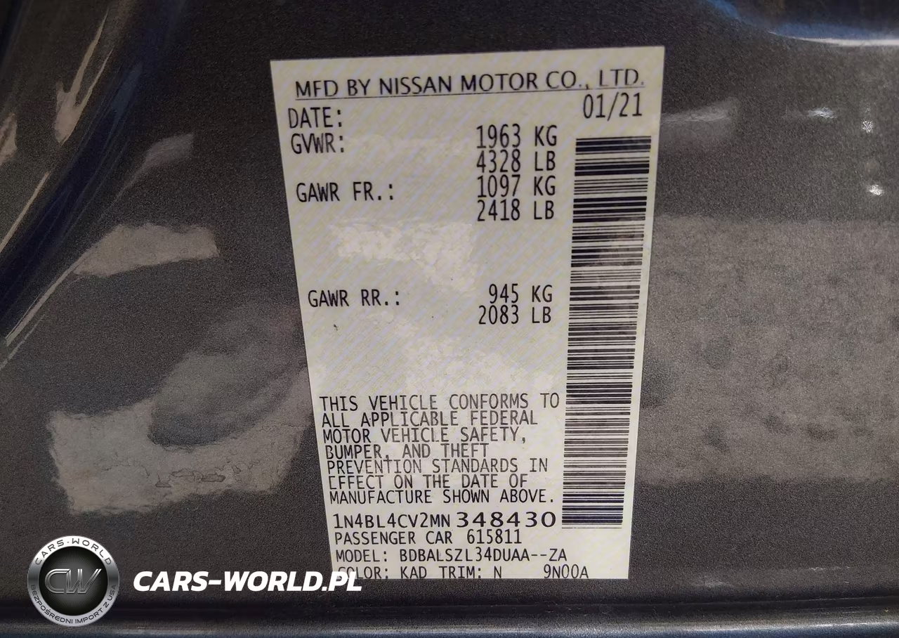 2021 Nissan Altima Sr Fwd VIN:1N4BL4CV2MN348430 - 9