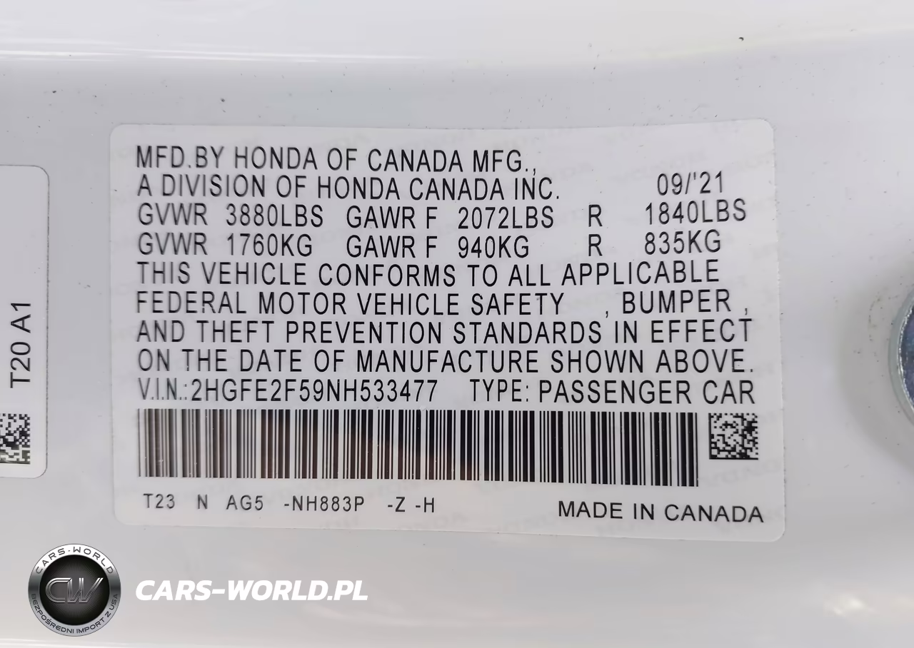 2022 Honda Civic Sport VIN:2HGFE2F59NH533477 - 9