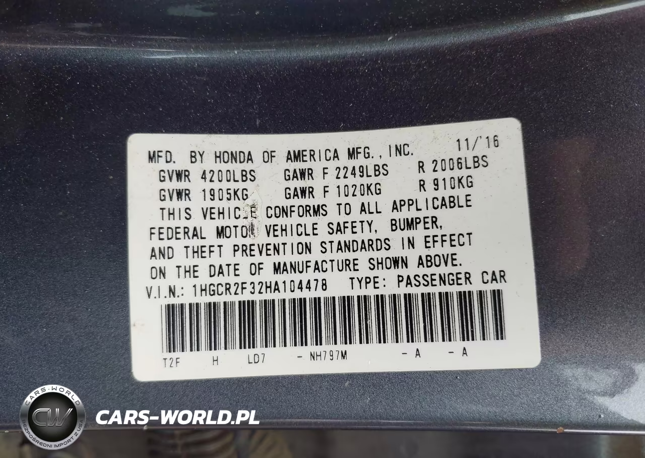 2017 Honda Accord Lx VIN:1HGCR2F32HA104478 - 9