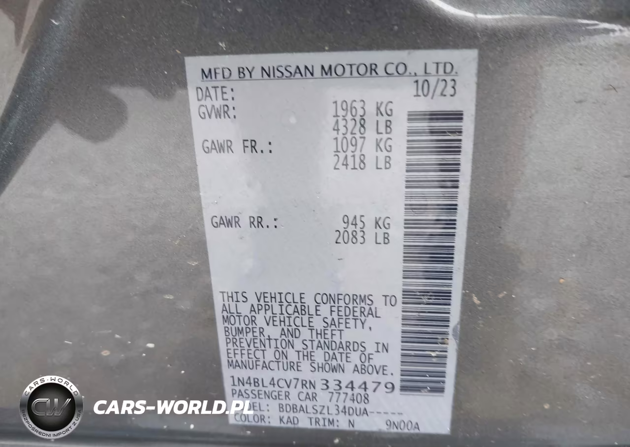 2024 Nissan Altima Sr Fwd VIN:1N4BL4CV7RN334479 - 9