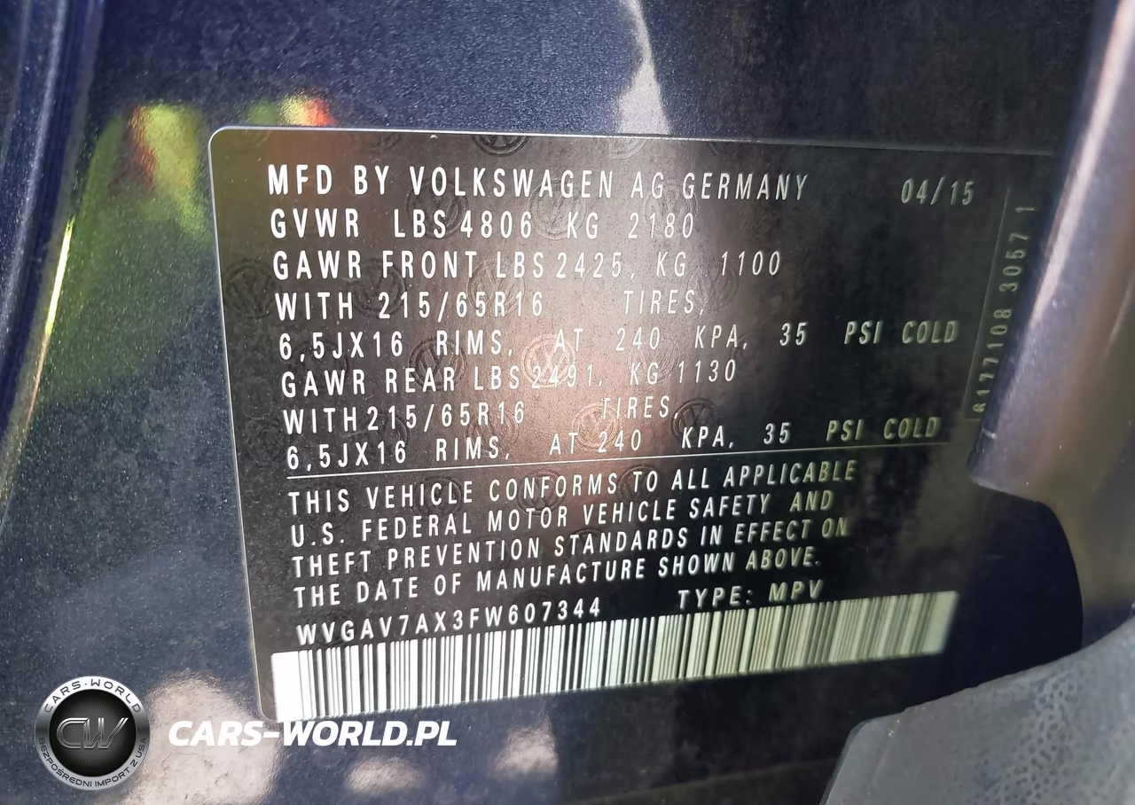 2015 Volkswagen Tiguan S VIN:WVGAV7AX3FW607344 - 9