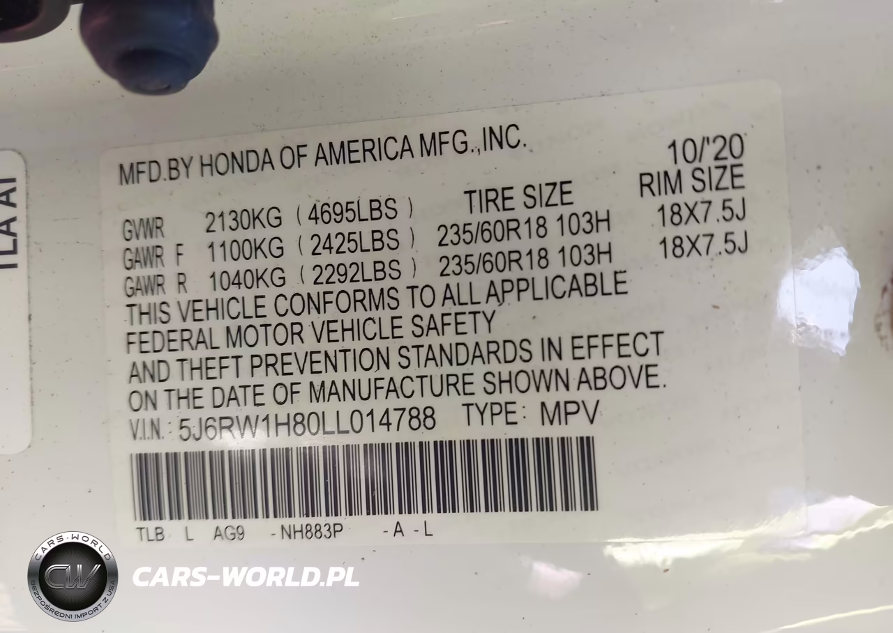 2020 Honda Cr-V 2Wd Ex-L VIN:5J6RW1H80LL014788 - 9