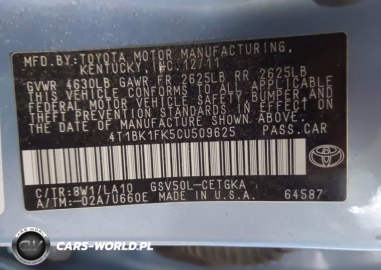 2012 Toyota Camry Xle V6 VIN:4T1BK1FK5CU509625 - 9
