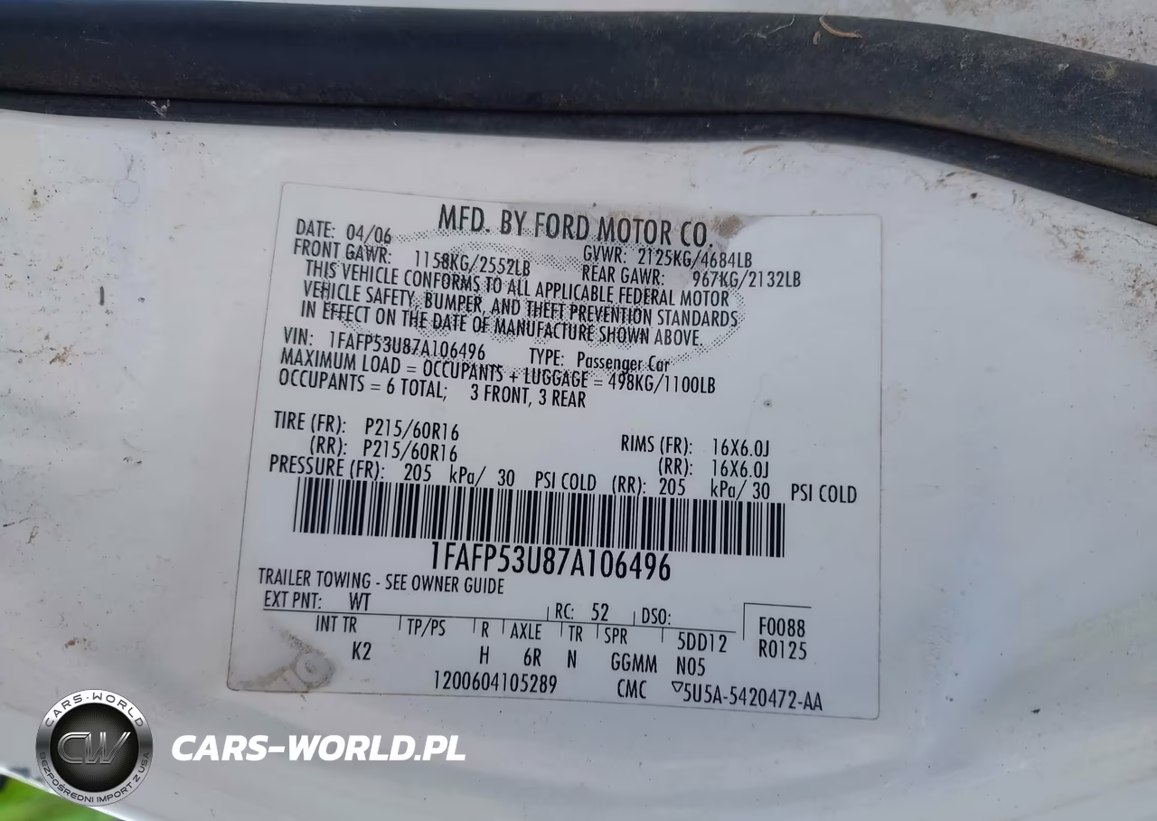 2007 Ford Taurus Se VIN:1FAFP53U87A106496 - 9