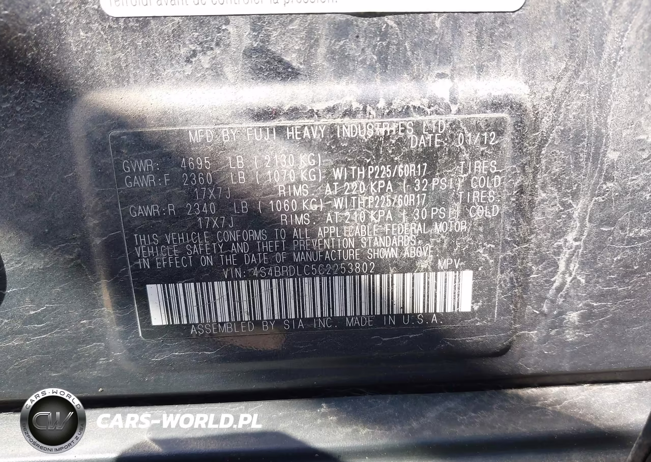 2012 Subaru Outback 3.6R Limited VIN:4S4BRDLC5C2253802 - 9