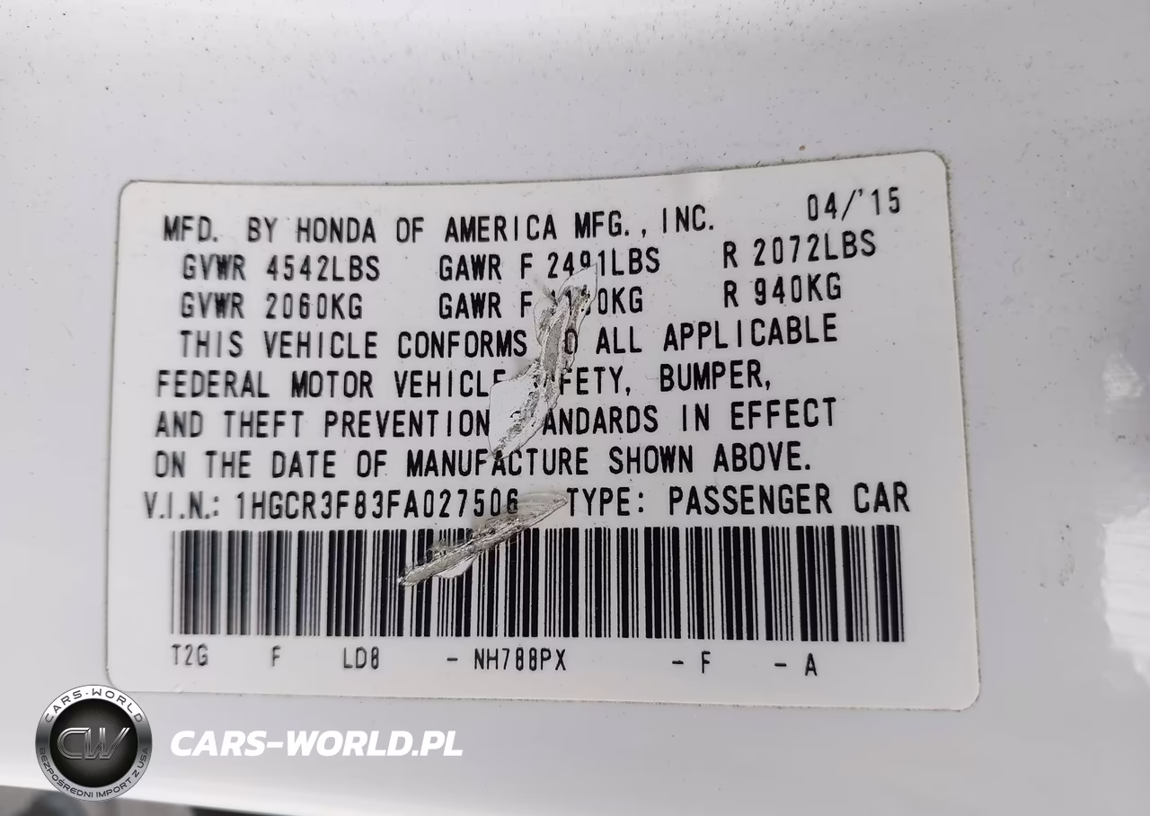 2015 Honda Accord Ex-L V-6 VIN:1HGCR3F83FA027506 - 9