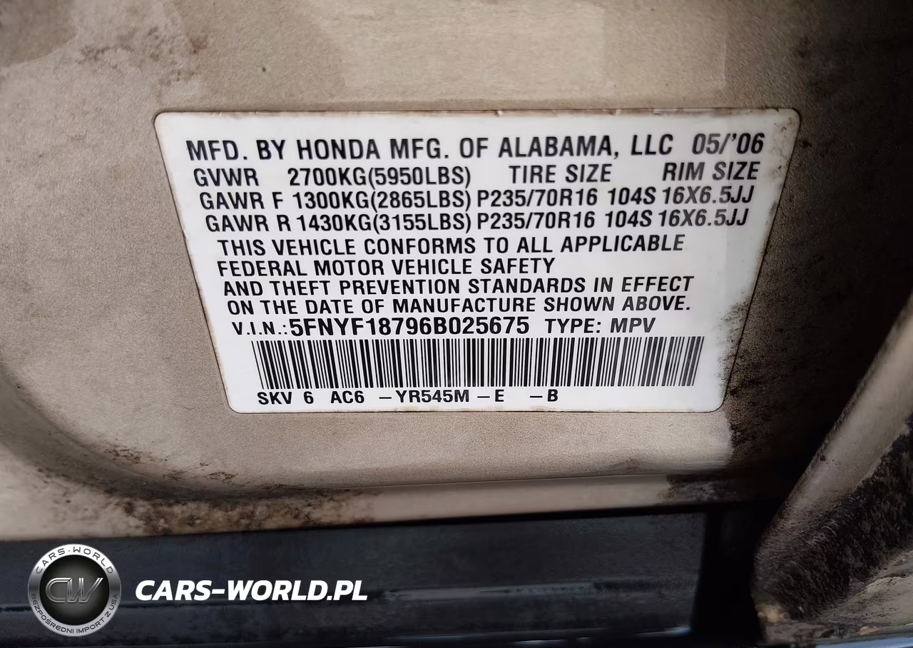 2006 Honda Pilot Ex-L VIN:5FNYF18796B025675 - 9