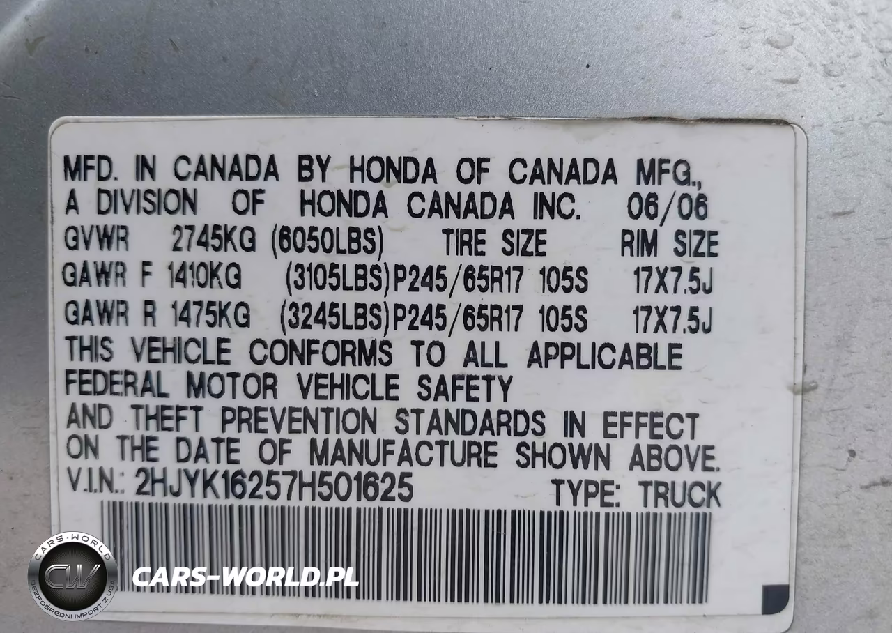 2007 Honda Ridgeline Rt VIN:2HJYK16257H501625 - 9