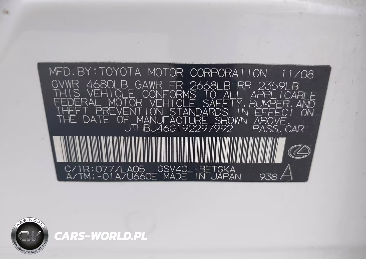 2009 Lexus Es 350 VIN:JTHBJ46G192297992 - 9