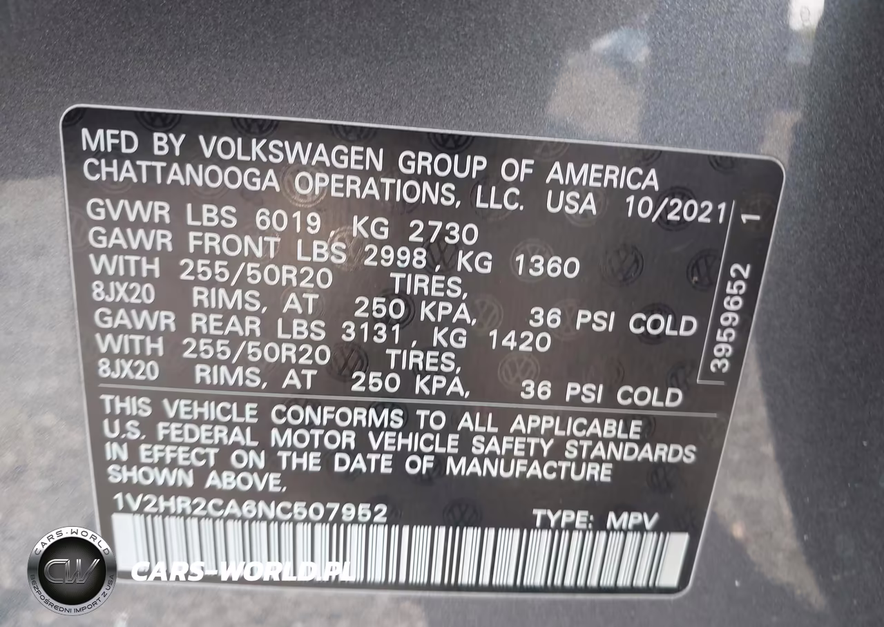 2022 Volkswagen Atlas 3.6L V6 Se W-Technology VIN:1V2HR2CA6NC507952 - 9