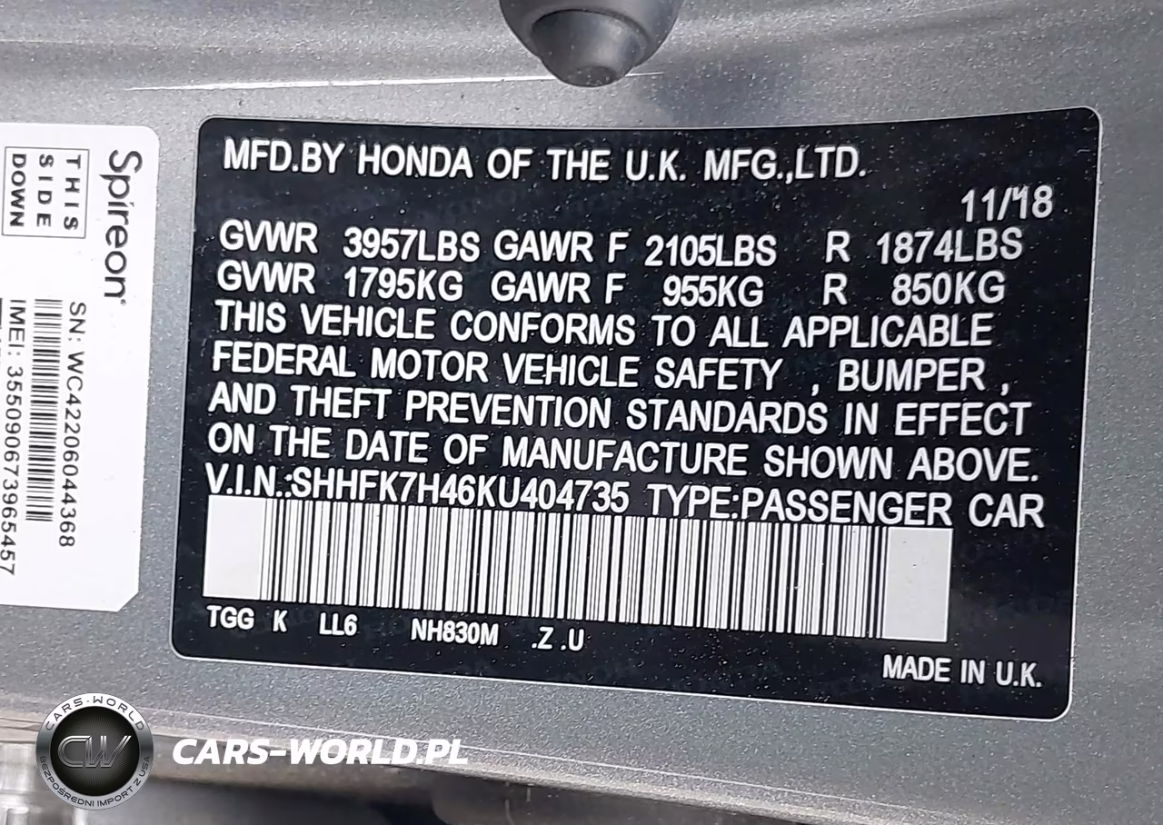 2019 Honda Civic Sport VIN:SHHFK7H46KU404735 - 9