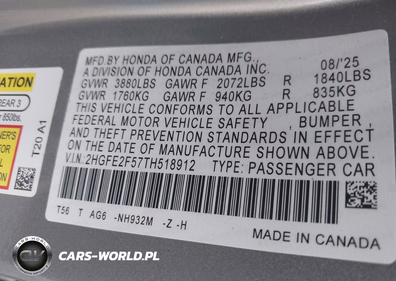 2026 Honda Civic Sport VIN:2HGFE2F57TH518912 - 9