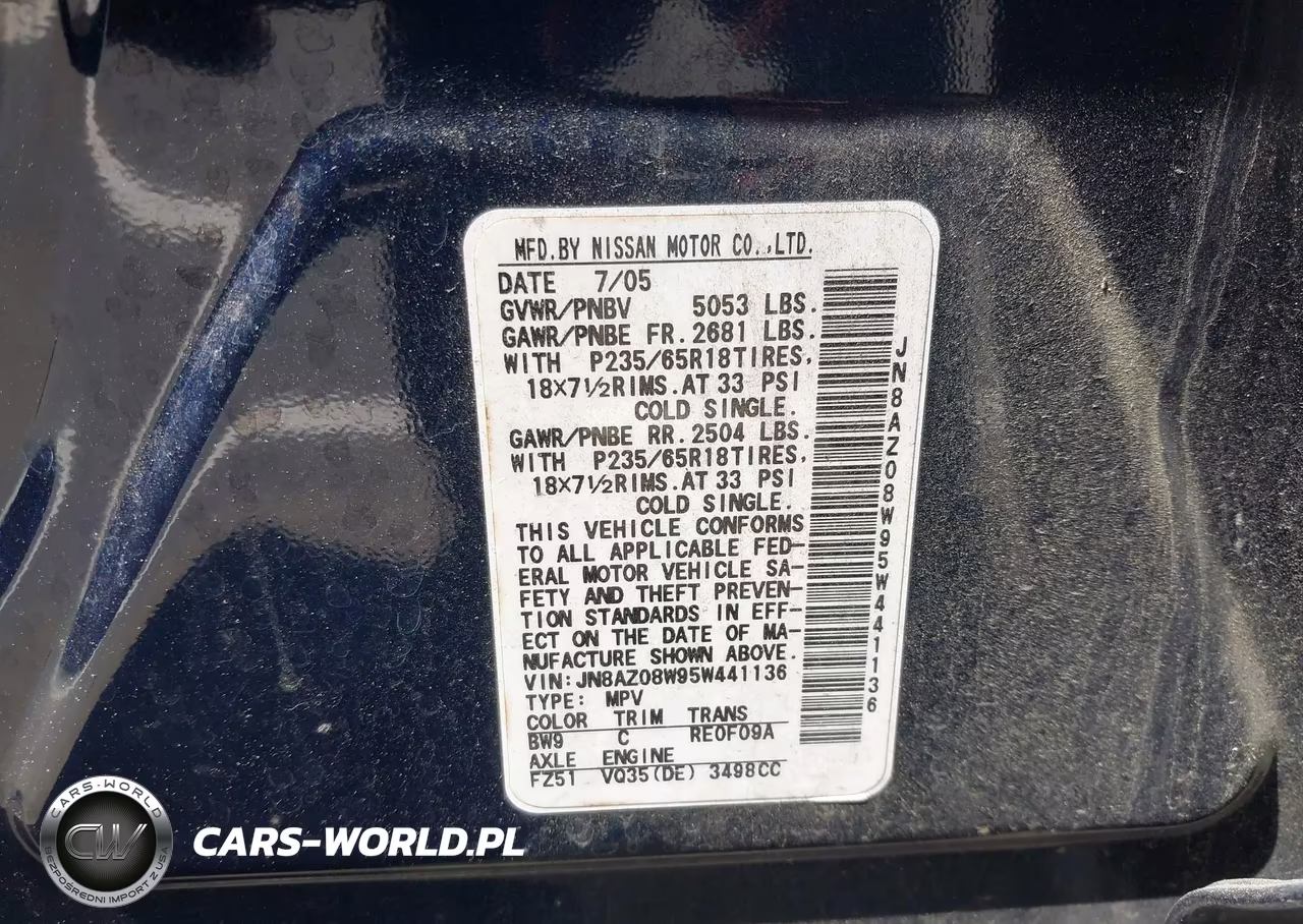 2005 Nissan Murano Sl VIN:JN8AZ08W95W441136 - 9