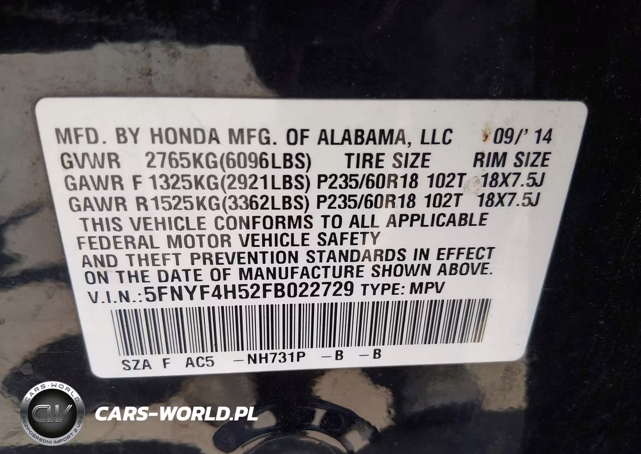 2015 Honda Pilot Ex-L VIN:5FNYF4H52FB022729 - 9