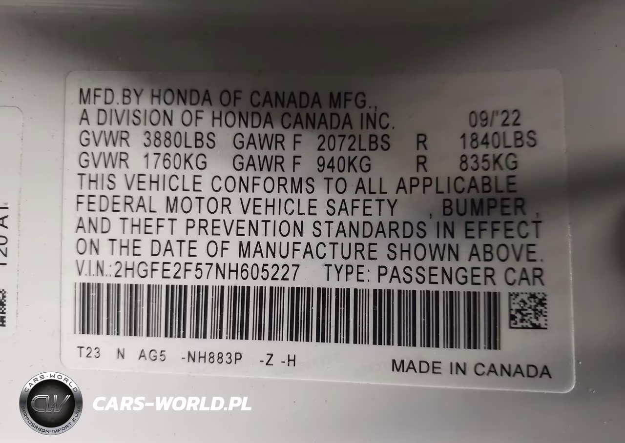 2022 Honda Civic Sport VIN:2HGFE2F57NH605227 - 9