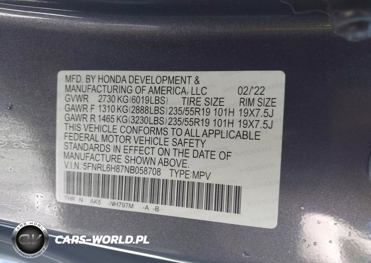 2022 Honda Odyssey Touring VIN:5FNRL6H87NB058708 - 9