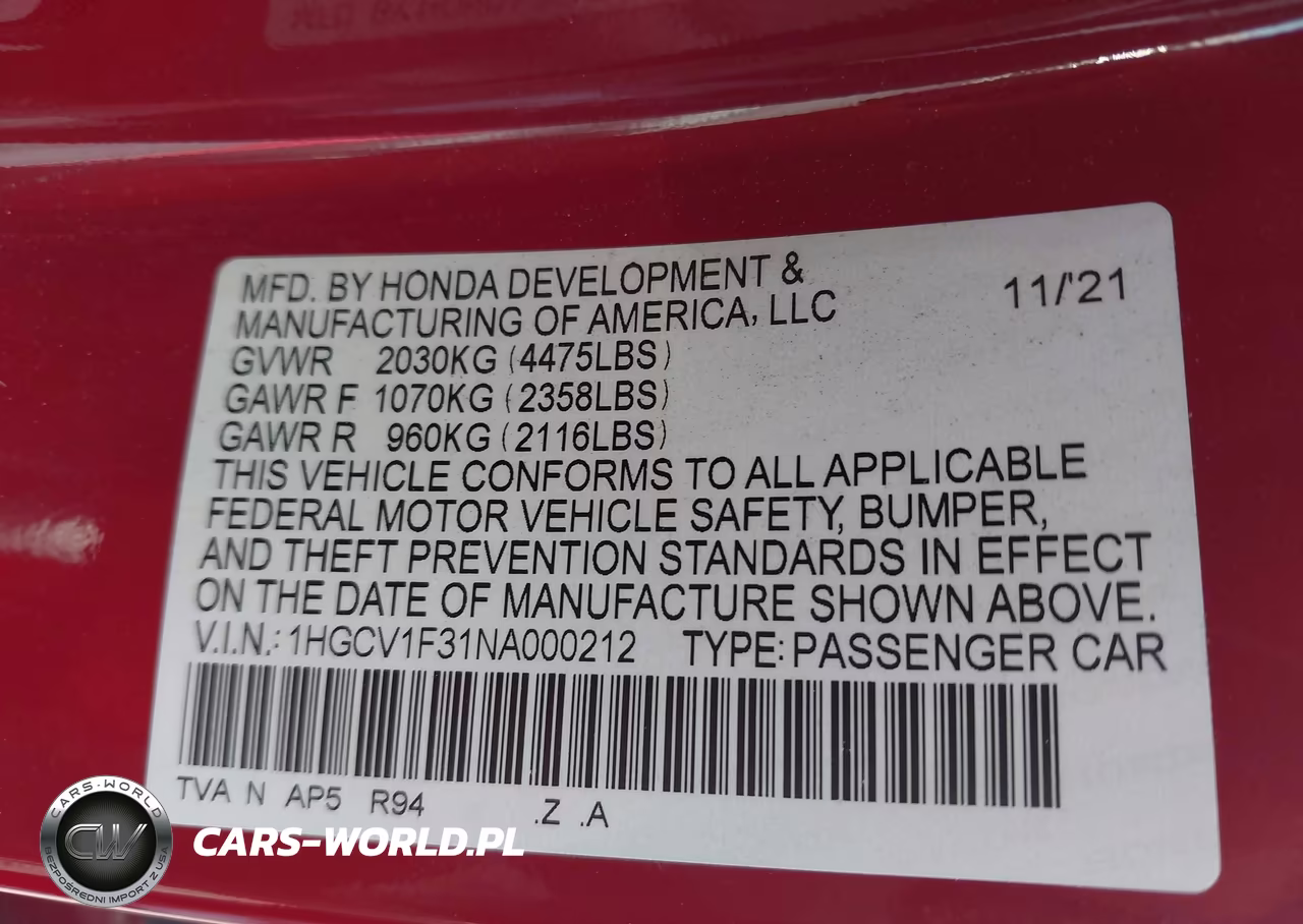 2022 Honda Accord Sport VIN:1HGCV1F31NA000212 - 9