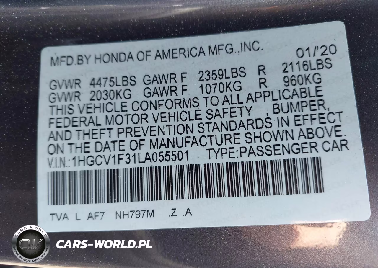 2020 Honda Accord Sport VIN:1HGCV1F31LA055501 - 9