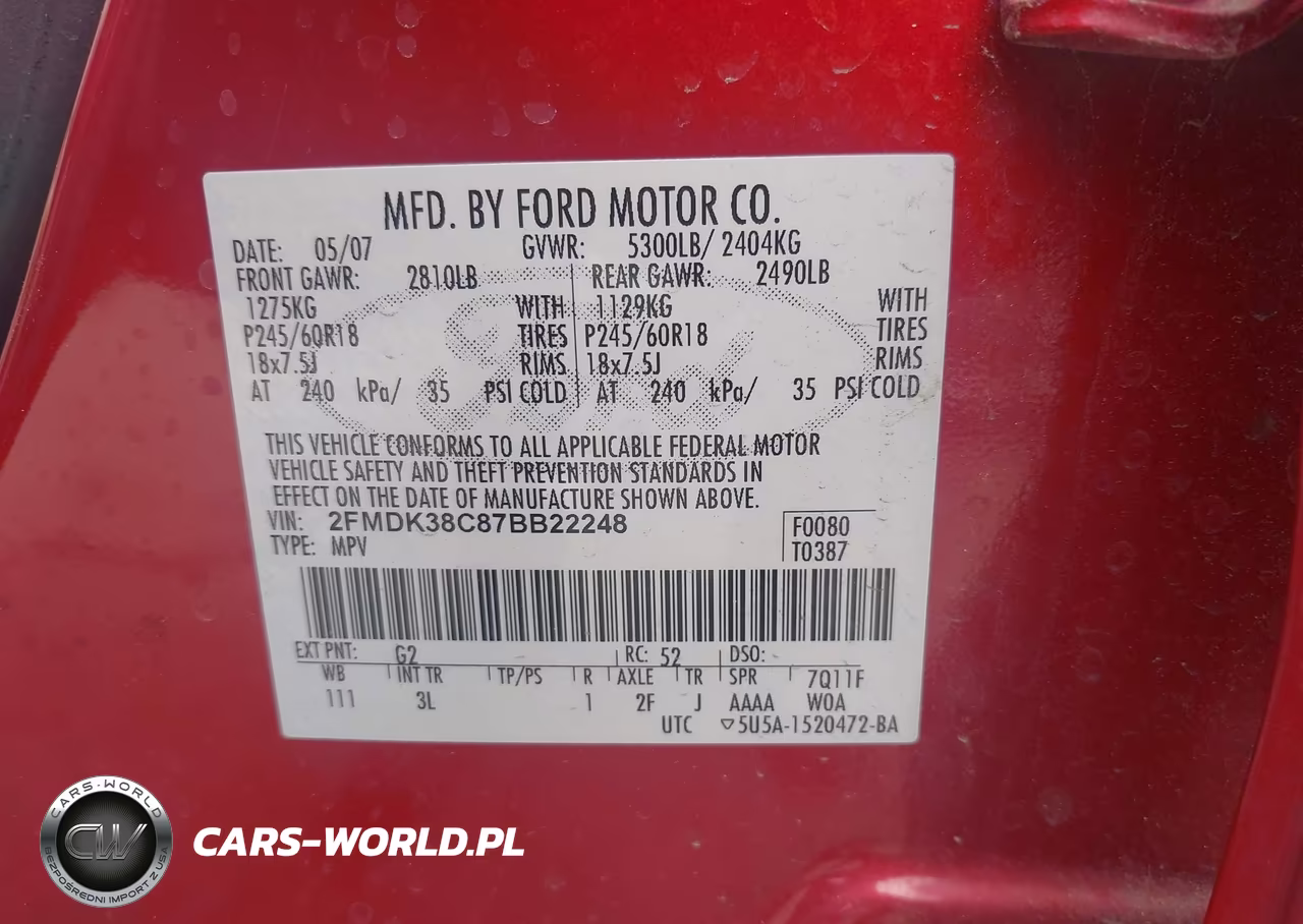 2007 Ford Edge Sel VIN:2FMDK38C87BB22248 - 9