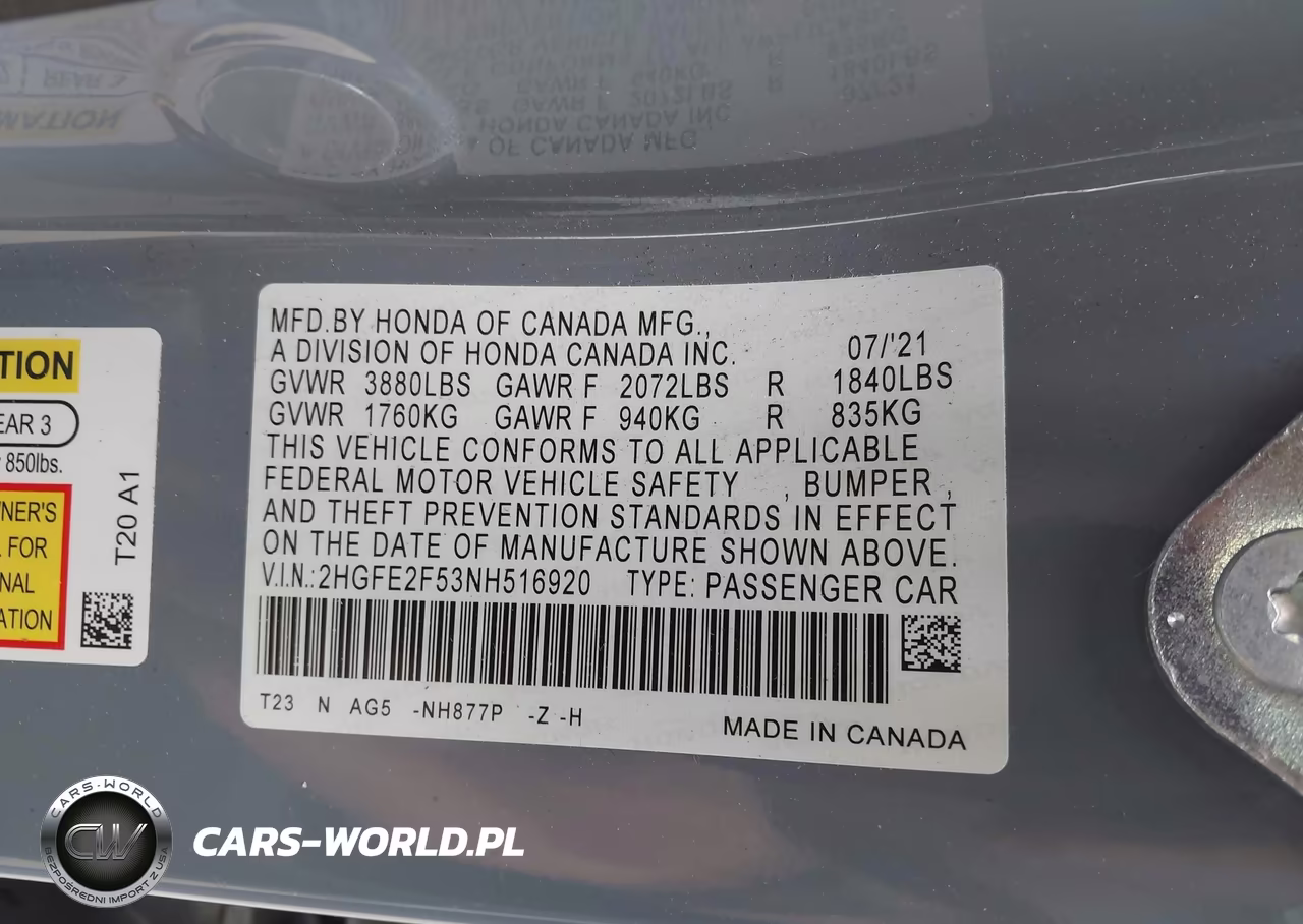 2022 Honda Civic Sport VIN:2HGFE2F53NH516920 - 9
