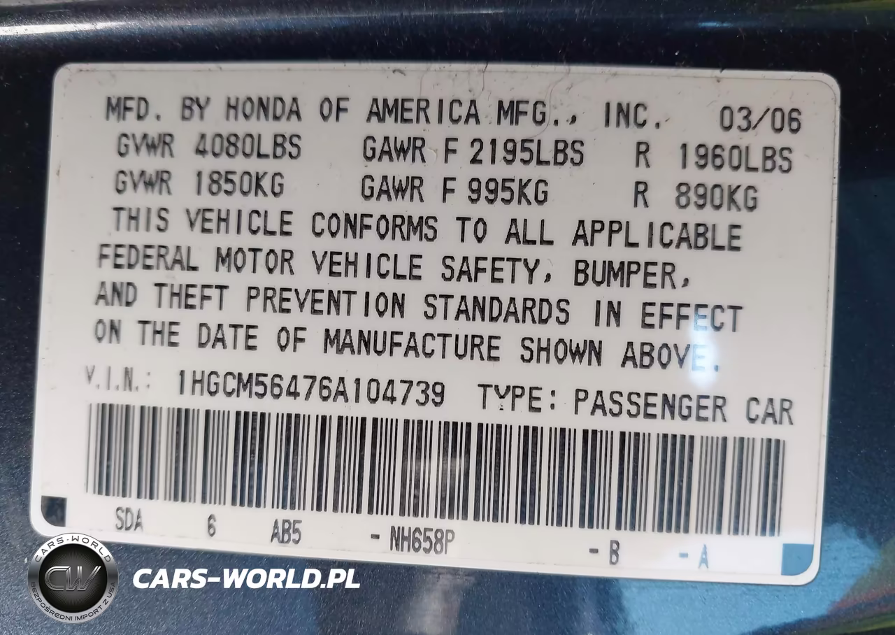 2006 Honda Accord 2.4 Lx VIN:1HGCM56476A104739 - 9