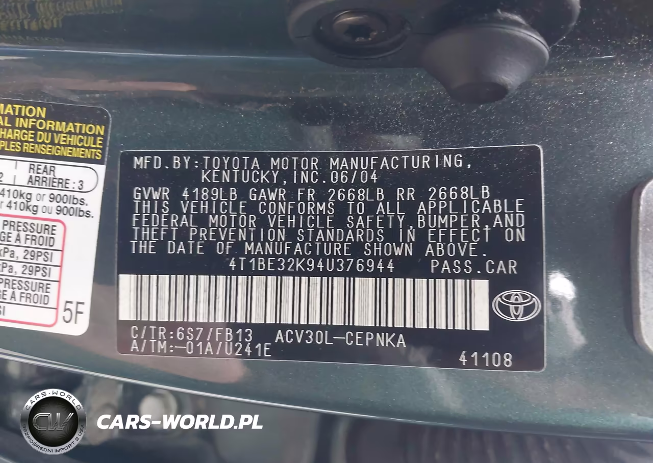 2004 Toyota Camry Le VIN:4T1BE32K94U376944 - 9