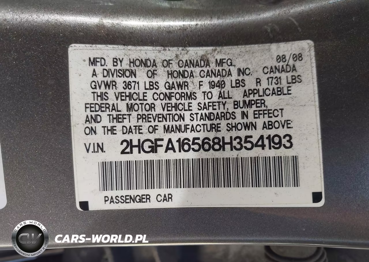 2008 Honda Civic Lx VIN:2HGFA16568H354193 - 9
