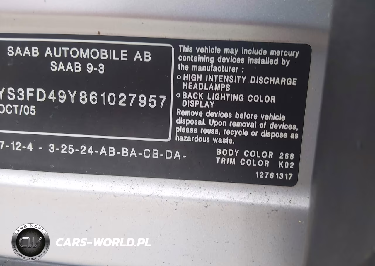 2006 Saab 9-3 2.0T VIN:YS3FD49Y861027957 - 9