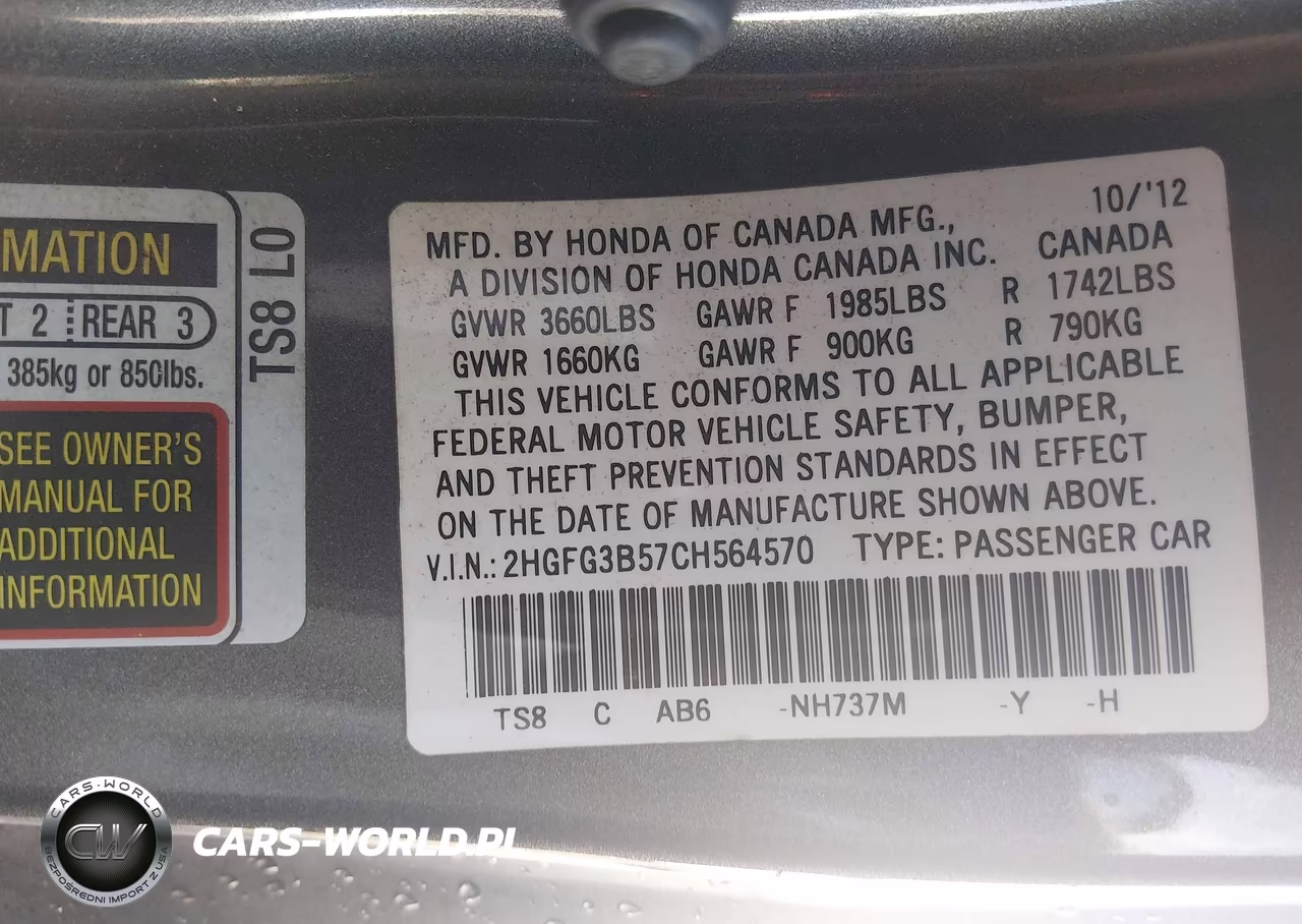 2012 Honda Civic Lx VIN:2HGFG3B57CH564570 - 9
