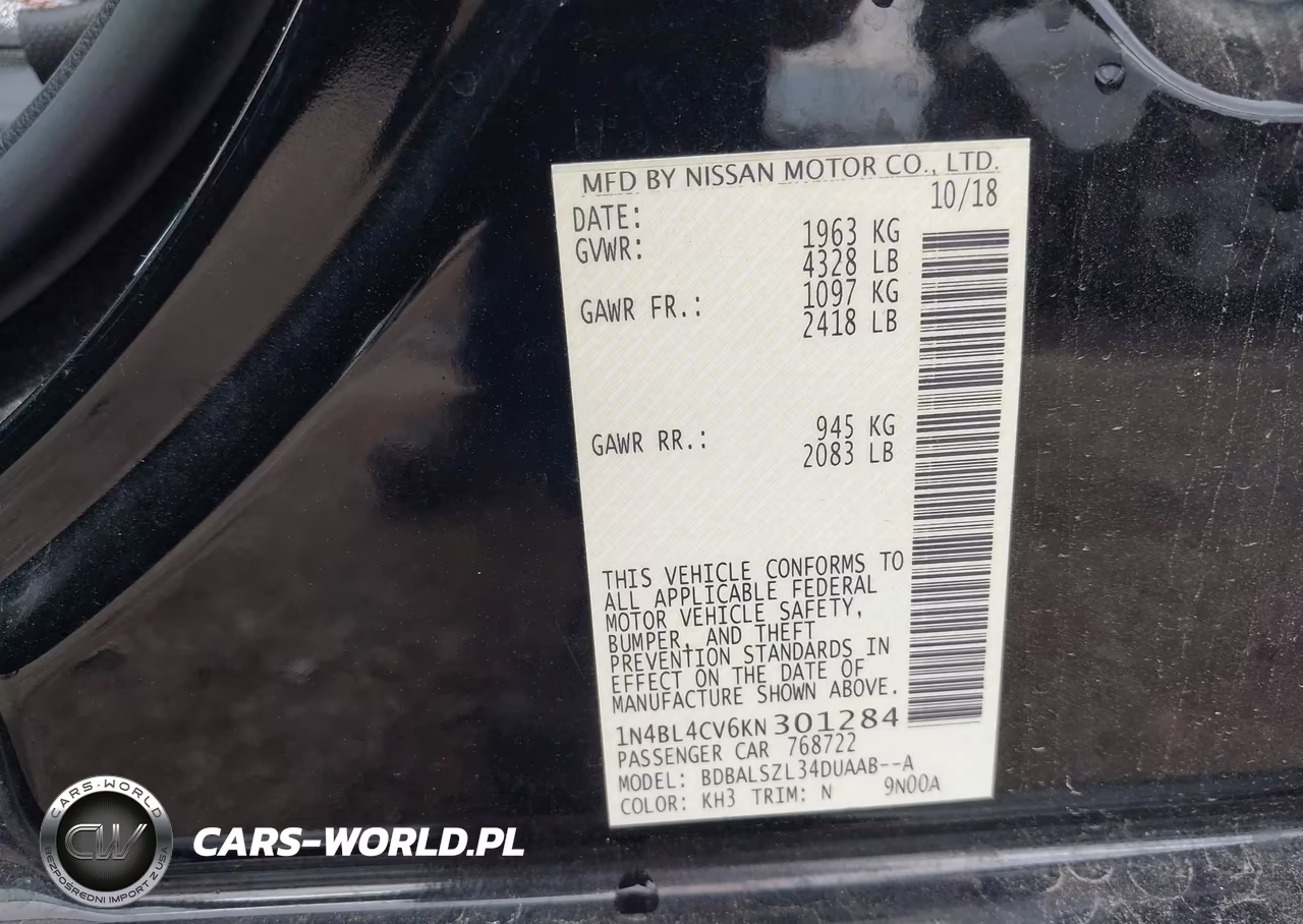 2019 Nissan Altima 2.5 Sr VIN:1N4BL4CV6KN301284 - 9