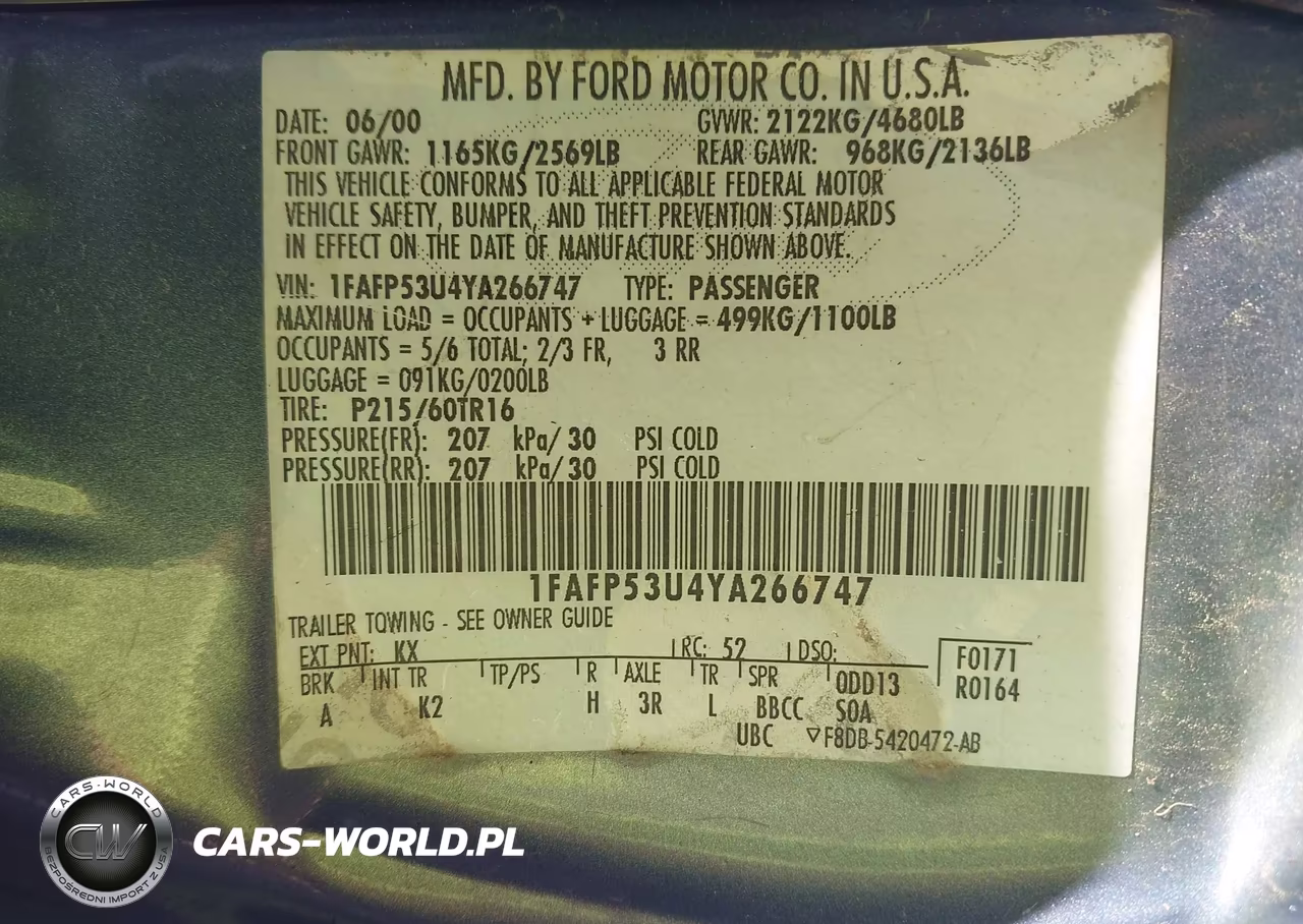 2000 Ford Taurus Se VIN:1FAFP53U4YA266747 - 9