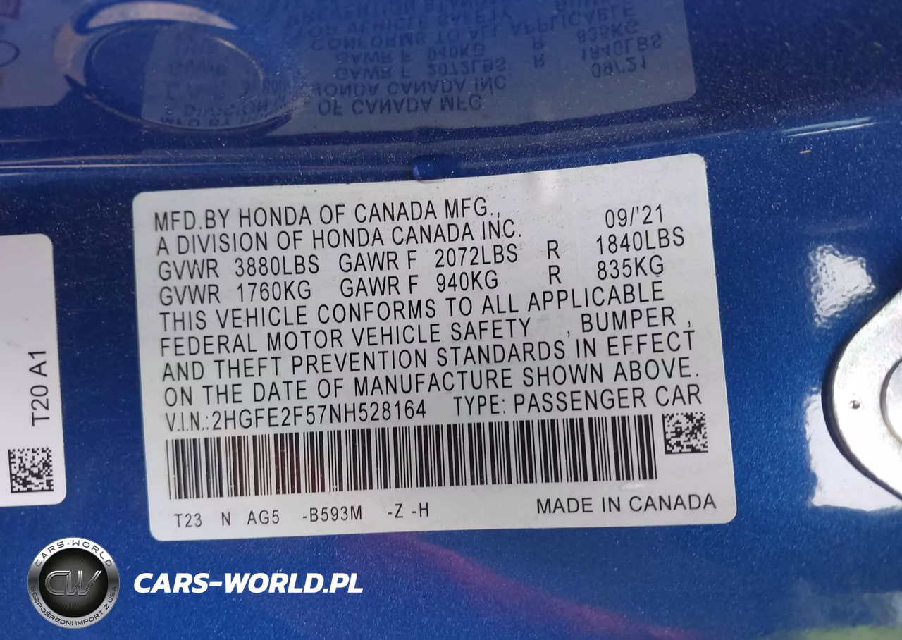 2022 Honda Civic Sport VIN:2HGFE2F57NH528164 - 9