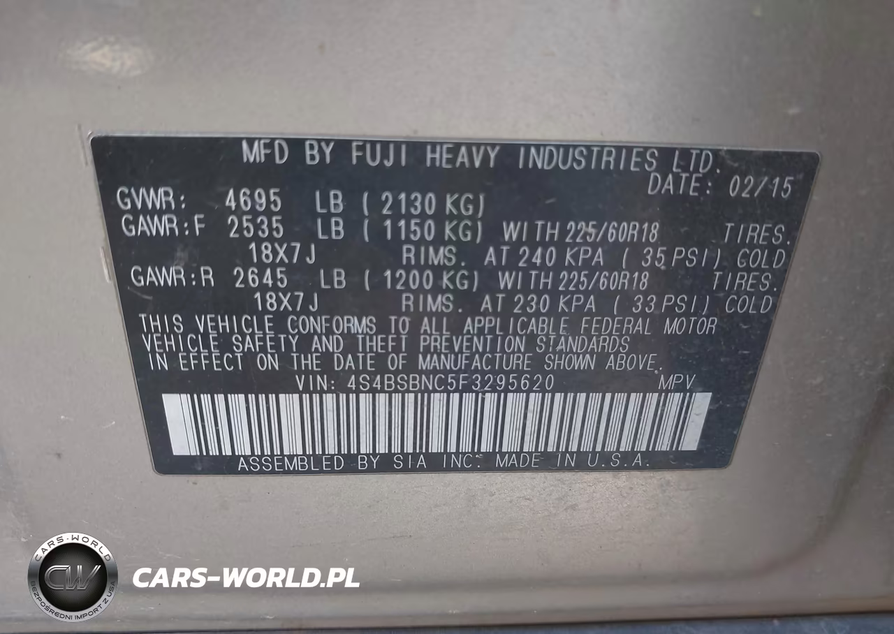 2015 Subaru Outback 2.5I Limited VIN:4S4BSBNC5F3295620 - 9