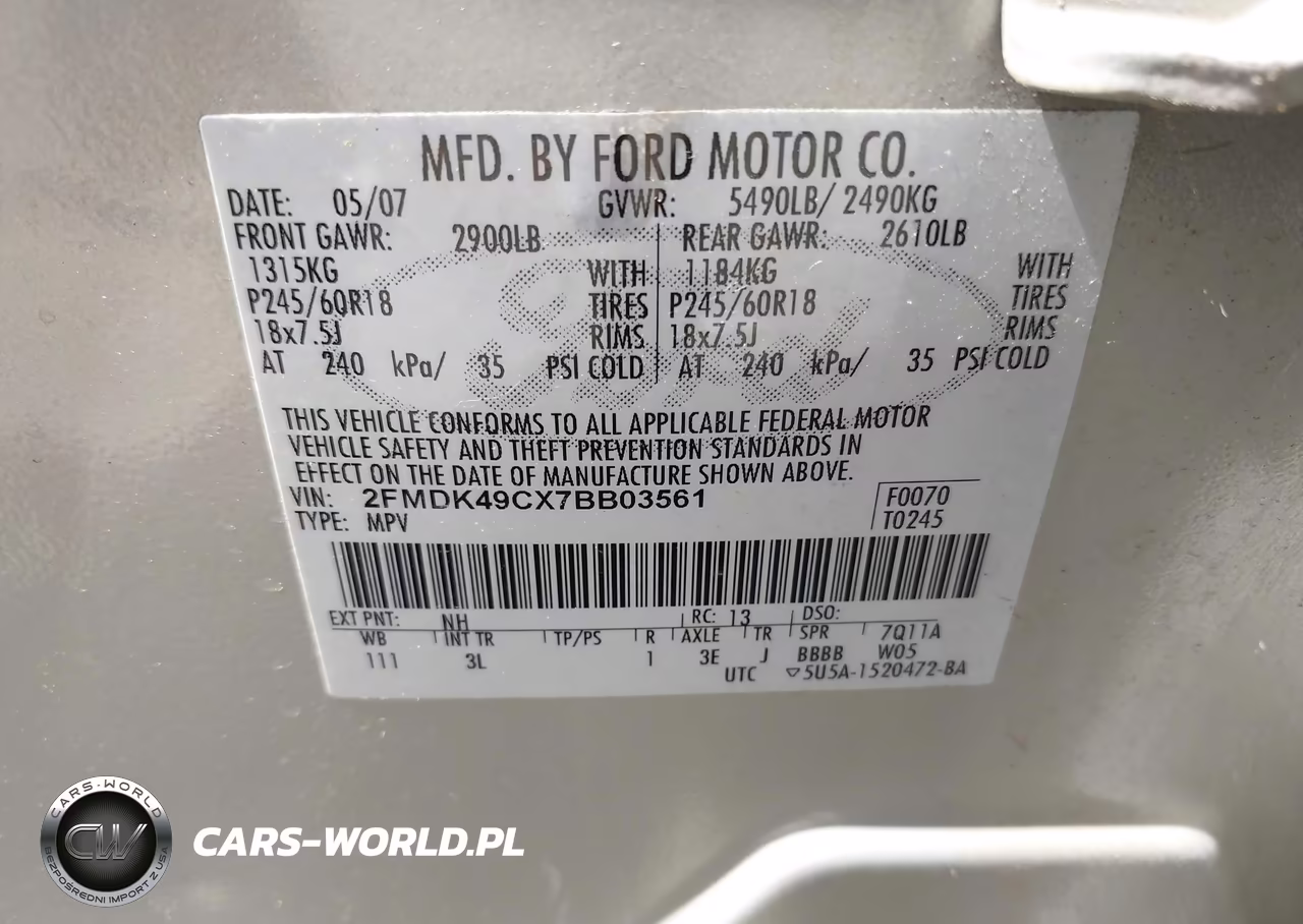 2007 Ford Edge Sel Plus VIN:2FMDK49CX7BB03561 - 9