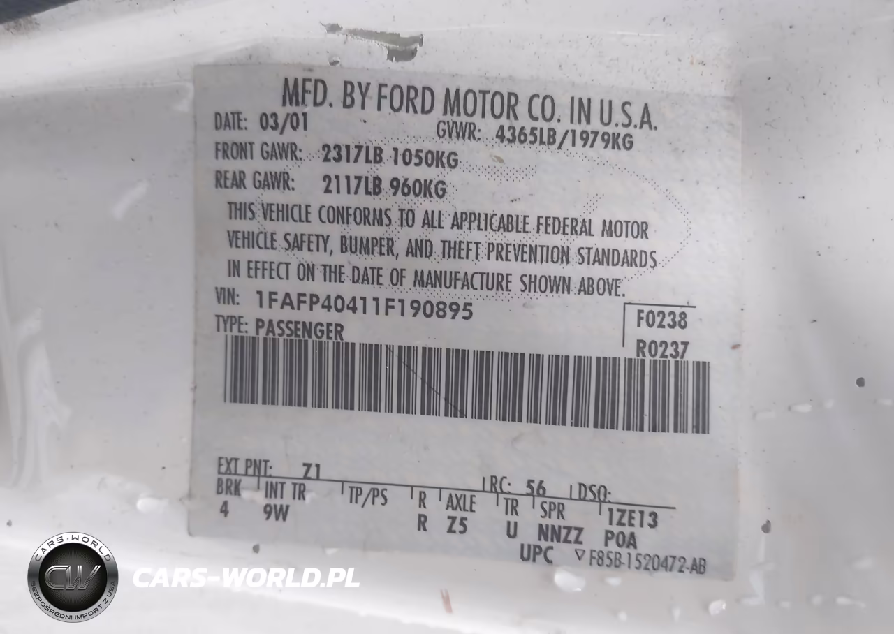 2001 Ford Mustang VIN:1FAFP40411F190895 - 9