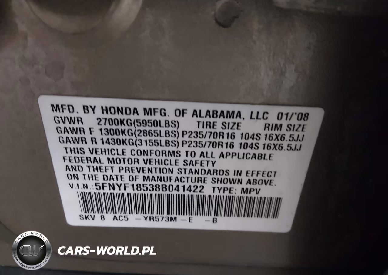 2008 Honda Pilot Ex-L VIN:5FNYF18538B041422 - 9