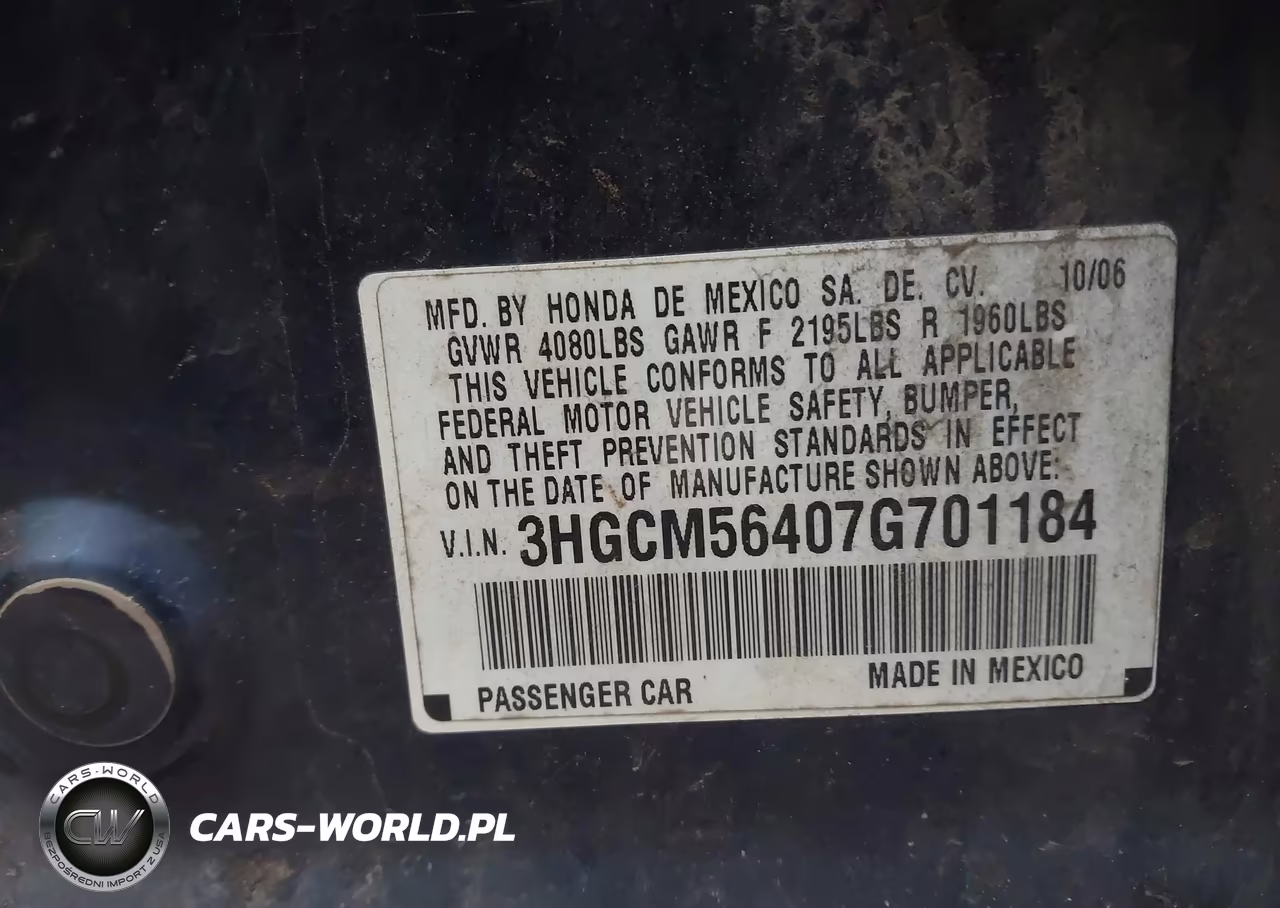 2007 Honda Accord 2.4 Lx VIN:3HGCM56407G701184 - 9