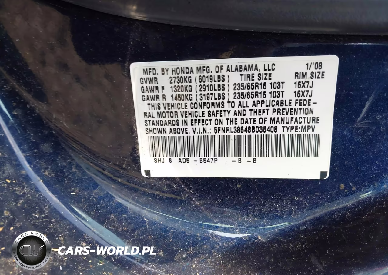 2008 Honda Odyssey Ex-L VIN:5FNRL38648B036408 - 9