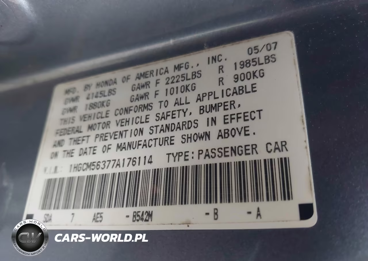 2007 Honda Accord 2.4 Se VIN:1HGCM56377A176114 - 9