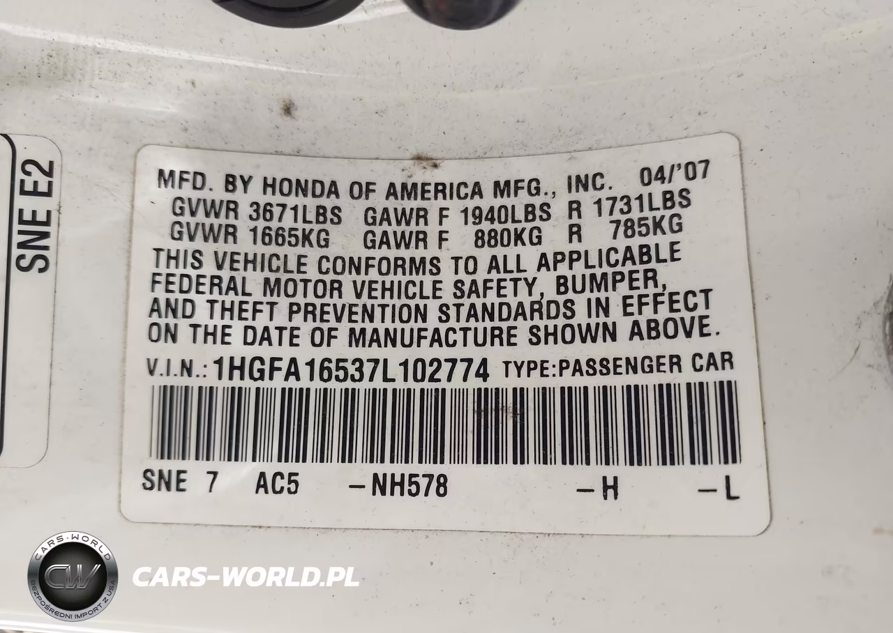 2007 Honda Civic Lx VIN:1HGFA16537L102774 - 9
