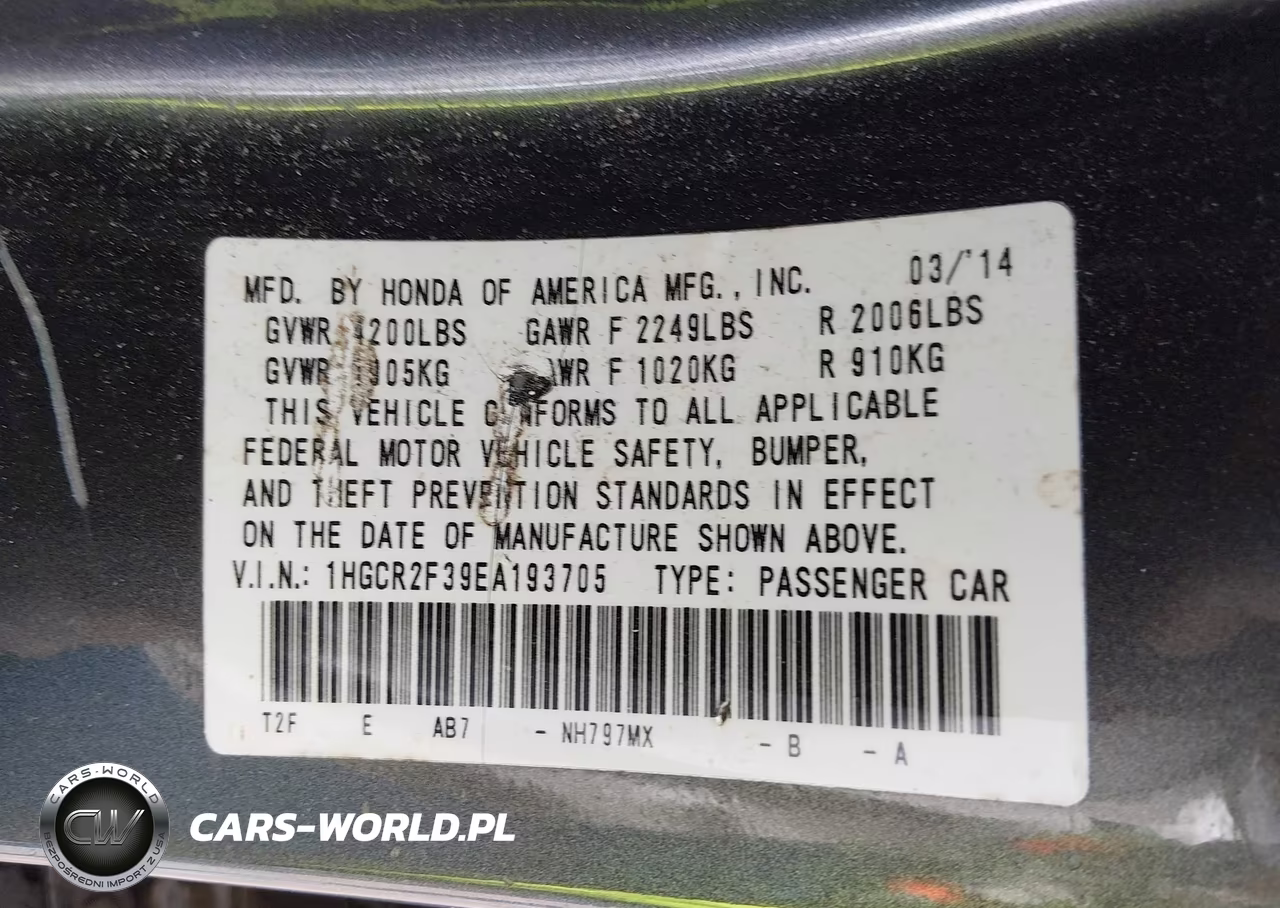 2014 Honda Accord Lx VIN:1HGCR2F39EA193705 - 9