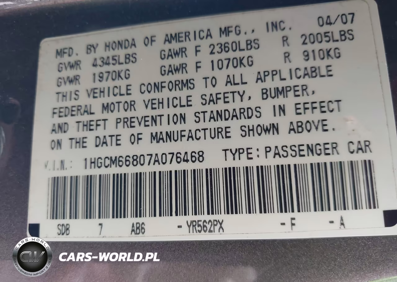 2007 Honda Accord 3.0 Ex VIN:1HGCM66807A076468 - 9