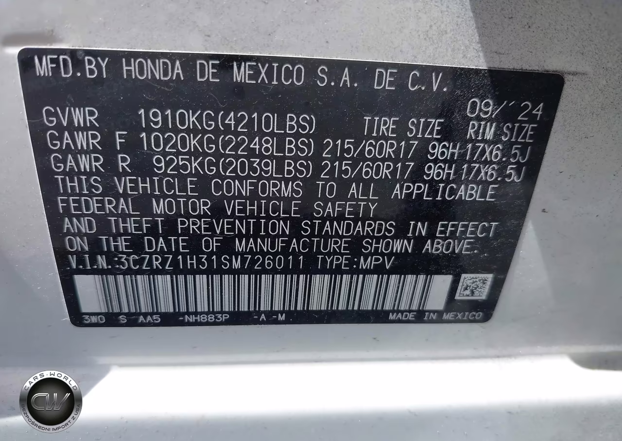 2025 Honda Hr-V 2Wd Lx VIN:3CZRZ1H31SM726011 - 9